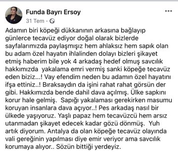 Köpeğe tevacüz etmek serbest! 
Köpeğe tecavüz ediliyor demek suç!
Köpeğe tecavüz eden sapık dışarıda! 
Köpeğe tecavüz etti diyen içeride!
Suç ve suçluyla değil, mağdur ve onu koruyanla hesap gören sistem! 
<a href="/adalet_bakanlik/">T.C. Adalet Bakanlığı</a>
<a href="/RTErdogan/">Recep Tayyip Erdoğan</a>
#FundaBayrıSerbestBırakılsın