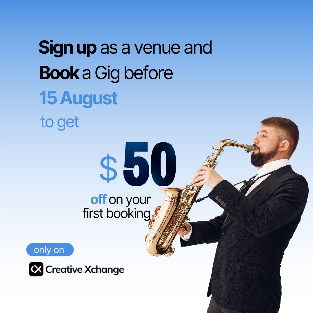 creativexchange's tweet photo. ⚠️Only 4 days to go!
Haven't tried using Creative Xchange yet? No worries, this is the best time to do so!

Book a musician for your venue through Creative Xchange▶️ and get a discount✅

Head on to this link and sign up now - https://t.co/JshPofcilf

#livemusic #offer #hotel https://t.co/gNddRs6qM2