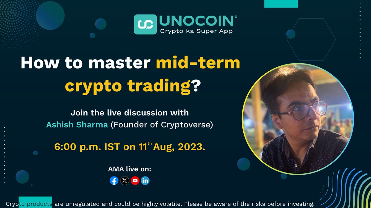 Unocoin's tweet photo. How to master mid-term crypto trading?
Join the live discussion with Ashish Sharma (Founder of Cryptoverse) today at 6:00 p.m. IST.
#ama #trading #cryptocurrency #crypto #beginnerstrade #cryptotrader #tradingguide #youtube #midcapcrypto #bestcrypto #bitcoin #ethereum #ashishsharma #unocoin