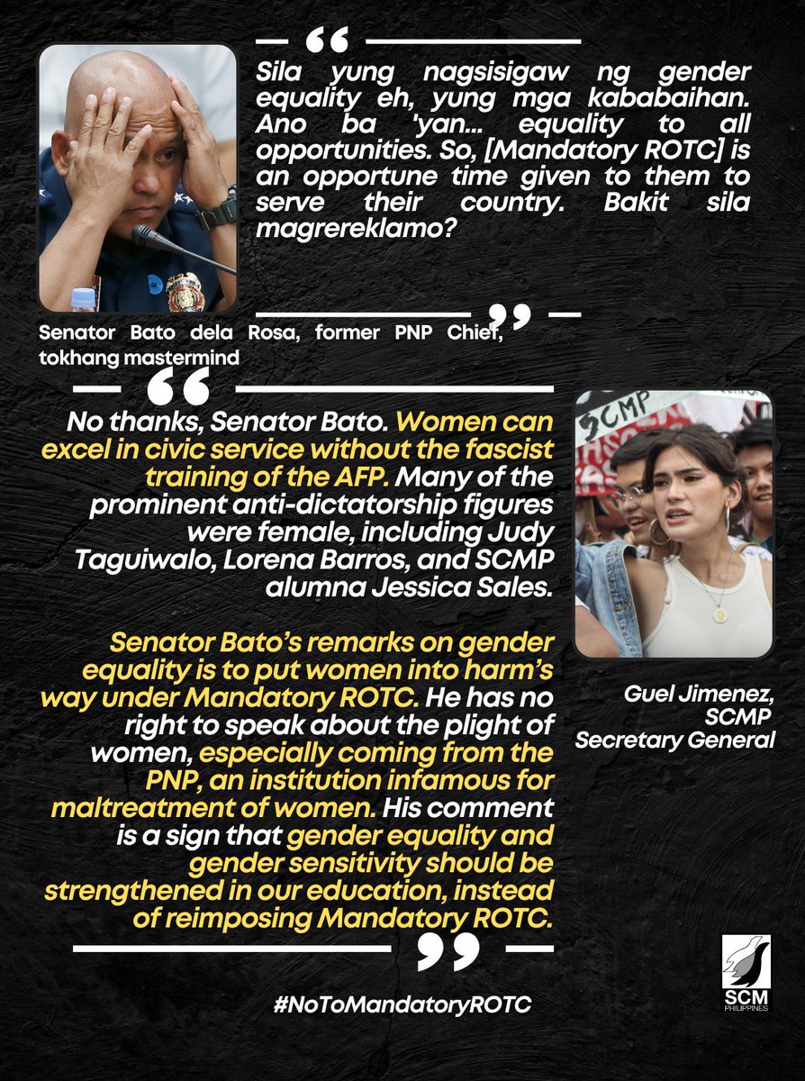 PilipinasScm's tweet image. No thanks, Senator Bato. Women can excel in civic service without the fascist training of the AFP. 

Senator Bato’s remarks on gender equality is to put women into harm’s way under Mandatory ROTC.
—Sec Gen @Barbigew 

#NoToMandatoryROTC!