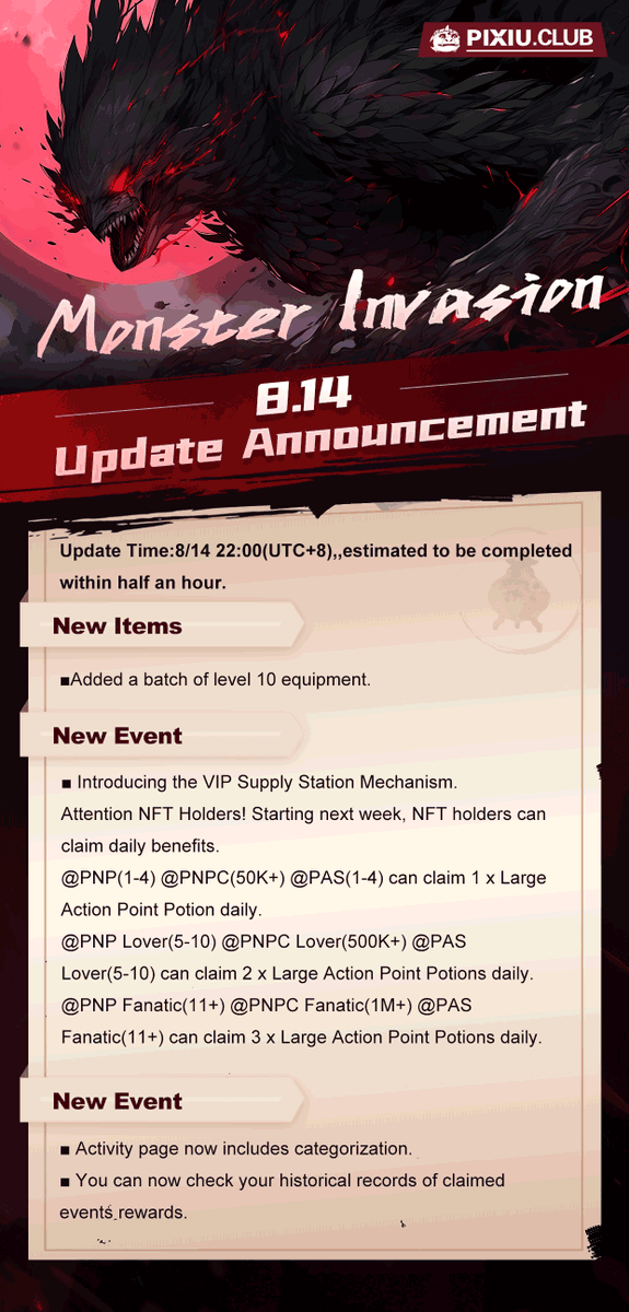voidmetaverse's tweet photo. Monster Invasion 8/14 Update and Maintenance Announcement 📌
#NFTsCommunity #NFTs #Monsterinvasion https://t.co/SoZoZyW8Tk