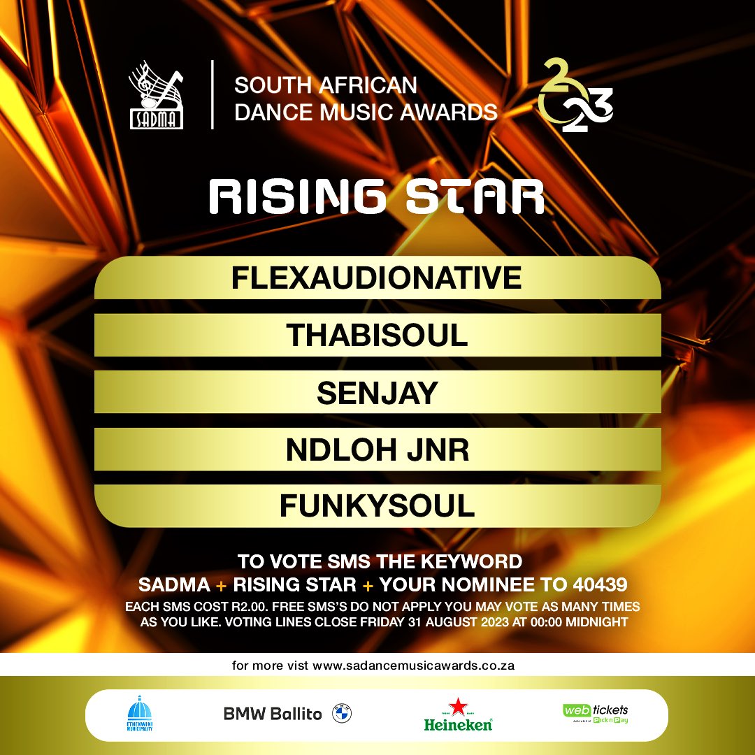 thesadmas's tweet photo. Here are your #SADMA23 nominees for Dance Music Rising Star 

To vote sms the keyword SADMA + category + nominees name to 40439

You will be charged R2 per sms (Free SMSs do not apply. Vote as many times as you would like to. Terms and conditions apply https://t.co/BOw48X1QhQ