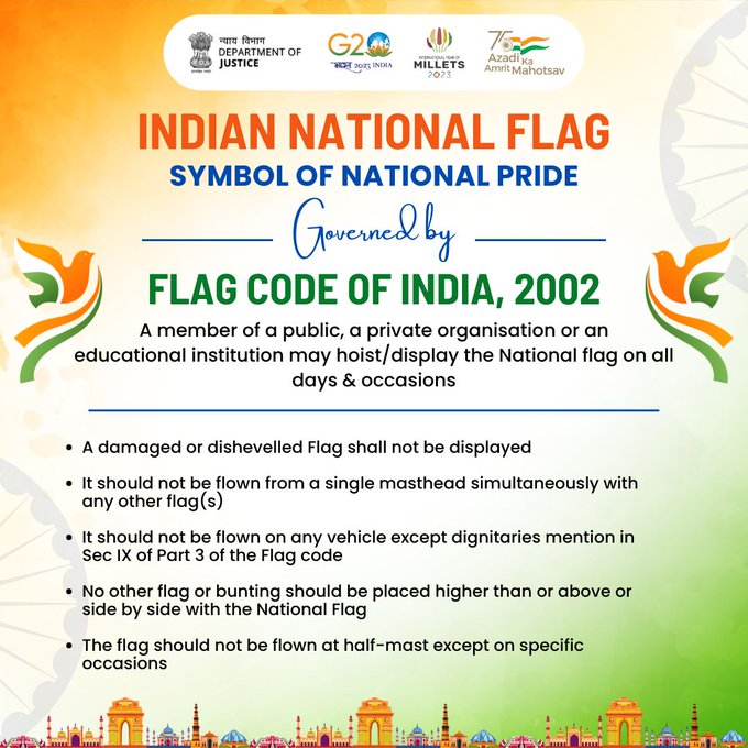 IndiaInScotland's tweet image. The Indian National Flag represents the hopes and aspirations of the people of India. It is the symbol of our national pride. Some salient features of the Flag Code of India, 2002 are listed below. As Indians, we must always adhere to the same #IndianFlagCode #HarGharTiranga