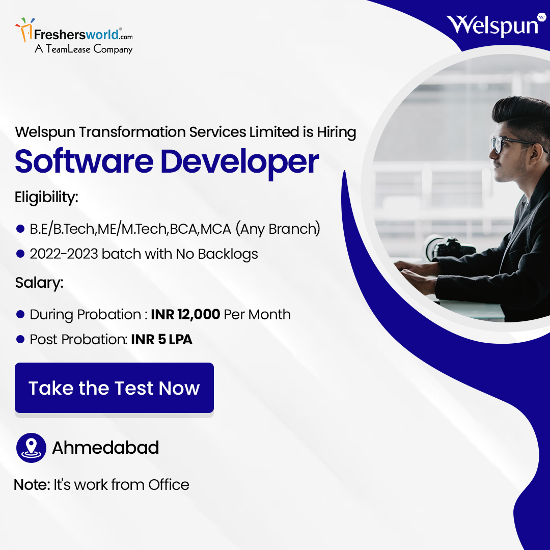 Freshersworld's tweet photo. Welspun Transformation Services Limited is hiring for the role of Software Developer
Take the Test Now: https://t.co/HfuJDyBfUT
#softwaredeveloper #softwaredeveloperjobs #developerjobs #softwarejobs #ahmedabadjobs #2022batch #2023batch #anygraduate #freshersworld #welspun https://t.co/i8zvhd2Th0