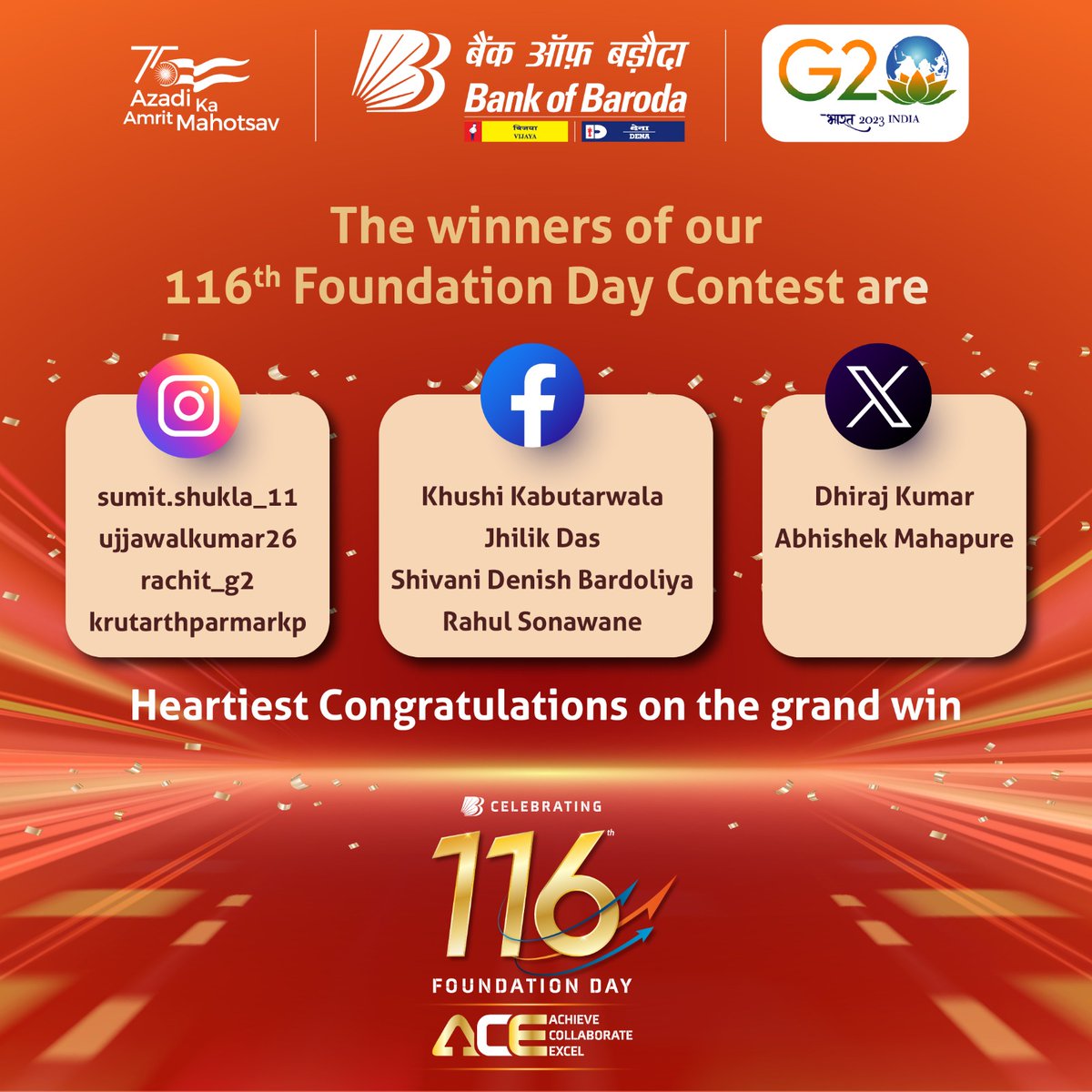 bankofbaroda's tweet photo. Celebrating Our Shining Stars! Your dedication and talent has led you to the winner's circle of our 116th Foundation Day contest. Congratulations on this well-deserved triumph! #BankofBaroda #bobWorld #BOBTurns116 #116YearsOfACE @Dhiraj9500 @AbhiMahapure100 https://t.co/6ECaXdo5Yu
