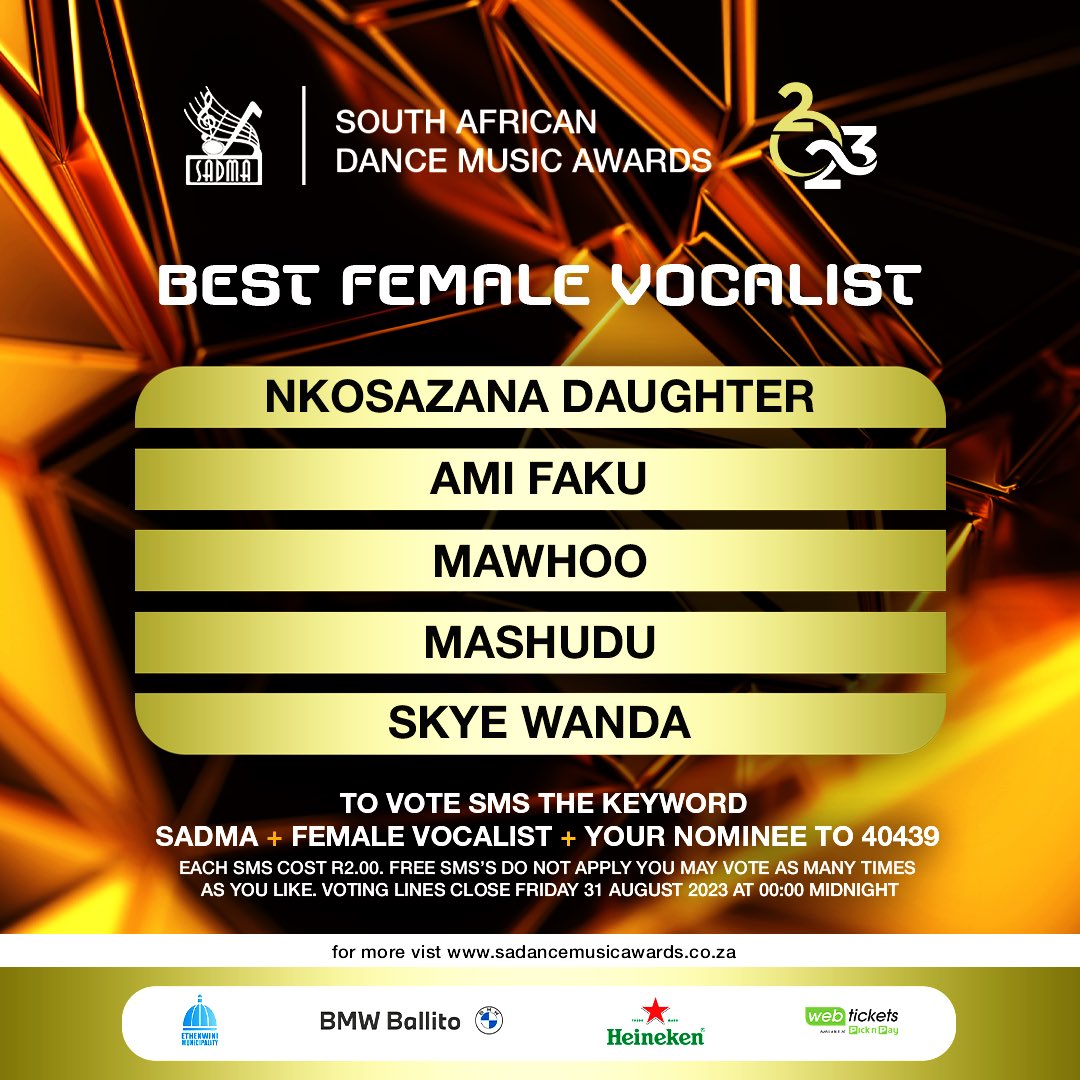 thesadmas's tweet photo. Here are your #SADMA23 nominees for Best Female Vocalistic 

To vote sms the keyword SADMA + category + nominees name to 40439

You will be charged R2 per sms (Free SMSs do not apply. Vote as many times as you would like to. Terms and conditions apply https://t.co/nnDwiJBNMl
