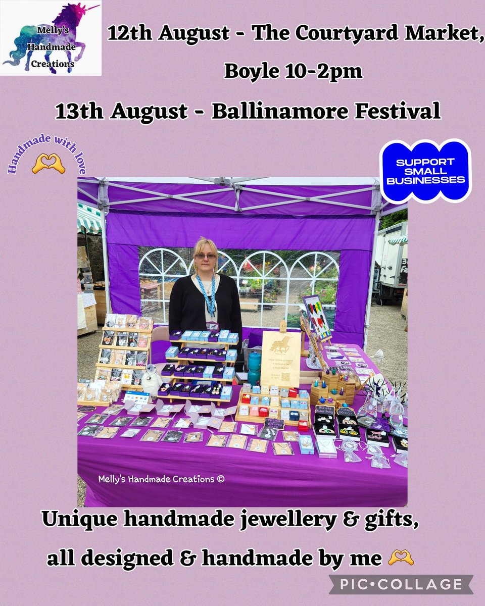 Time to tell you where I am this weekend 🙌
Saturday local market 10-2pm The Courtyard Market, Boyle  @discoverboyle
Sunday Ballinamore Festival <a href="/BallinamoreFest/">Ballinamore Festival</a>
Hope to see you over the weekend 🥰
linktr.ee/mellyshandmade…
🦄💜🇮🇪
#CraftBizParty #MHHSBD #heartofireland #shopindie