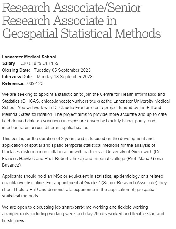 (Senior) research associate in #geospatial statistical methods with <a href="/ClaudioFronterr/">Claudio Fronterre</a> at <a href="/LancasterCHICAS/">Lancaster University CHICAS Group</a> within <a href="/LancasterMedSch/">Lancaster Medical School</a> needed.

Development &amp; application of #spatial &amp; spatio-temporal statistical methods for the analysis of blackfly distribution

Apply by 5/09/23