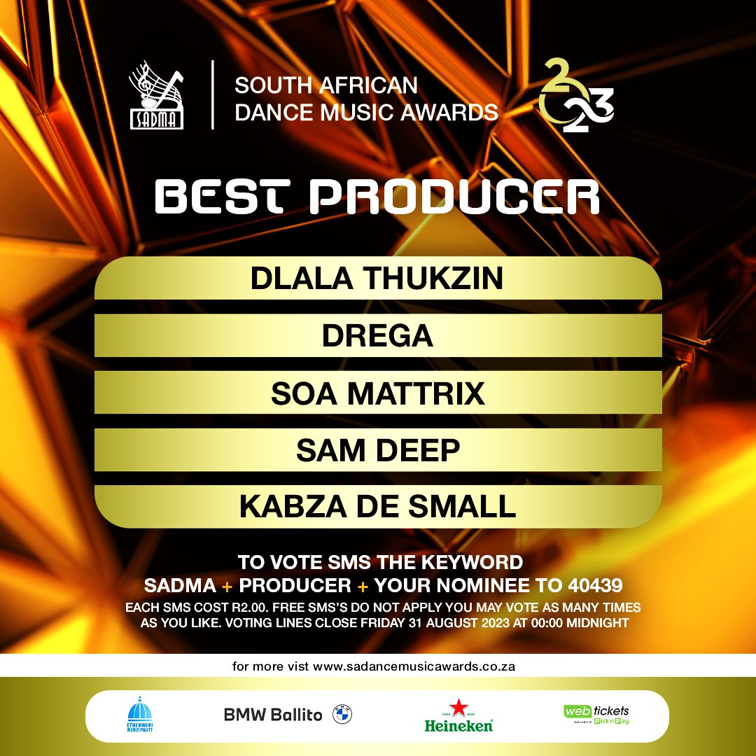 thesadmas's tweet photo. Here are your #SADMA23 nominees for Best Producer

To vote sms the keyword SADMA + category + nominees name to 40439

You will be charged R2 per sms (Free SMSs do not apply. Vote as many times as you would like to. Terms and conditions apply https://t.co/naV4XbHNAM