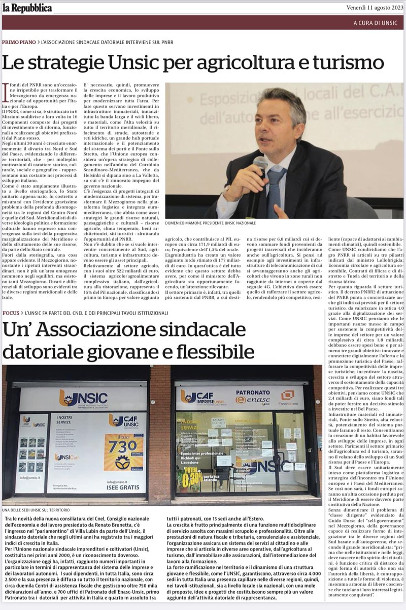 UNSIC2's tweet photo. L'articolo di #Unsic sul Quotidiano “La Repubblica” di oggi. 

Tema il #PNRR con particolare attenzione su #Agricoltura, #Turismo e #Infrastrutture al #Sud.

#unsic #mondounisc #domenicomamone #larepubblica https://t.co/NVGBfcdCWl