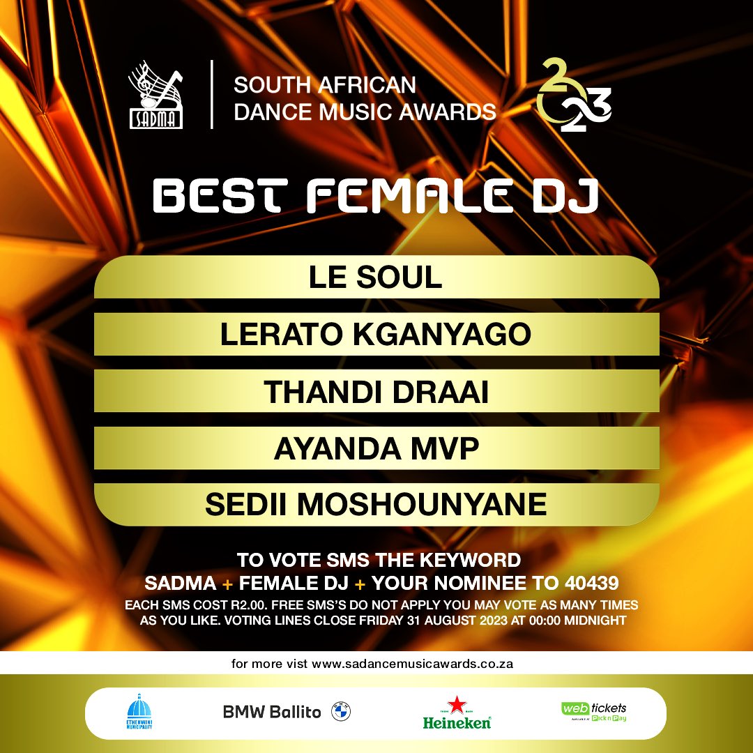 thesadmas's tweet photo. Here are your #SADMA23 nominees for Best Female DJ

To vote sms the keyword SADMA + category + nominees name to 40439

You will be charged R2 per sms (Free SMSs do not apply. Vote as many times as you would like to. Terms and conditions apply https://t.co/c7m0cOuRE9