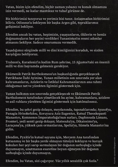 ‼️ Verilen iznin nelere mal olduğunu ve Karadeniz sorunu çıkartma fitnesinin ateşi olduğunu görmeyen kör gözlere parmak!
📍 Pontusçular tarafından 15 Ağustos'ta Sümela Manastırı'nda gerçekleşecek ayine Başbakan Miçotakis'in katılması için çağrıda bulunuldu.
<a href="/TC_Disisleri/">T.C. Dışişleri Bakanlığı</a>