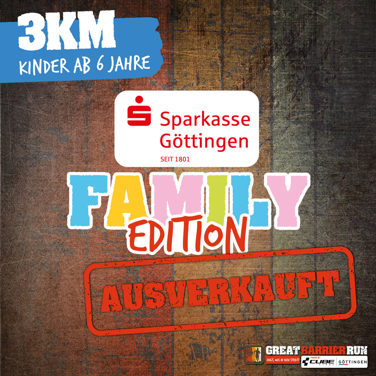 Für die Sparkasse Göttingen 3km Family Edition gibt es keine Tickets mehr zu kaufen, nun sind auch die letzten Plätze weg, die wir aufgrund der großen Nachfrage noch einmal zusätzlich ins Starterfeld organisiert hatten.
PS: Für unseren 6km und 12km Lauf gibt es noch Tickets.