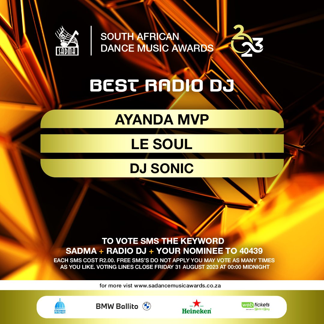 thesadmas's tweet photo. Here are your #SADMA23 nominees for Best Radio DJ

To vote sms the keyword SADMA + category + nominees name to 40439

You will be charged R2 per sms (Free SMSs do not apply. Vote as many times as you would like to. Terms and conditions apply https://t.co/H4sotCK2mG