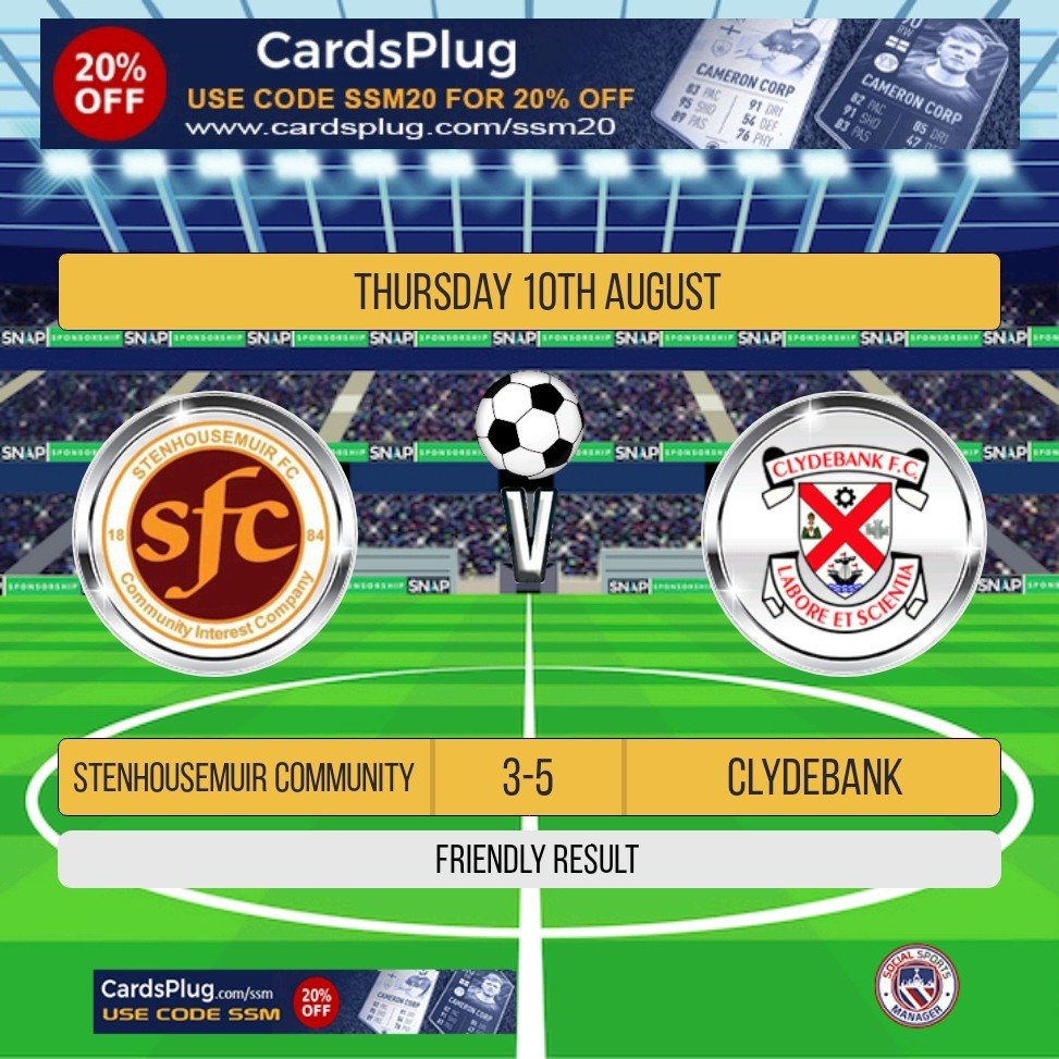 Whites travelled through to Stenhousemuir last night. Great team performance against a good CSFA Div A side.

Goals.

Bayley
Og
Owen
Elliott
Thomas

All the best to Stenhousemuir community for the season ahead.