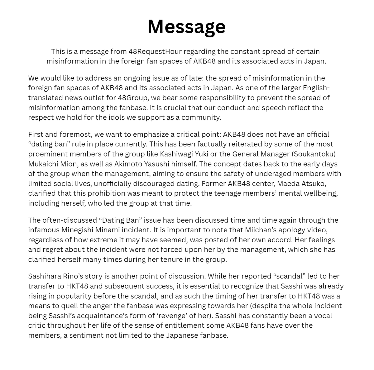 48RequestHour's tweet photo. Regarding the constant spread of certain misinformation in the foreign fan spaces of AKB48 and its associated acts in Japan. https://t.co/XewbLweROJ