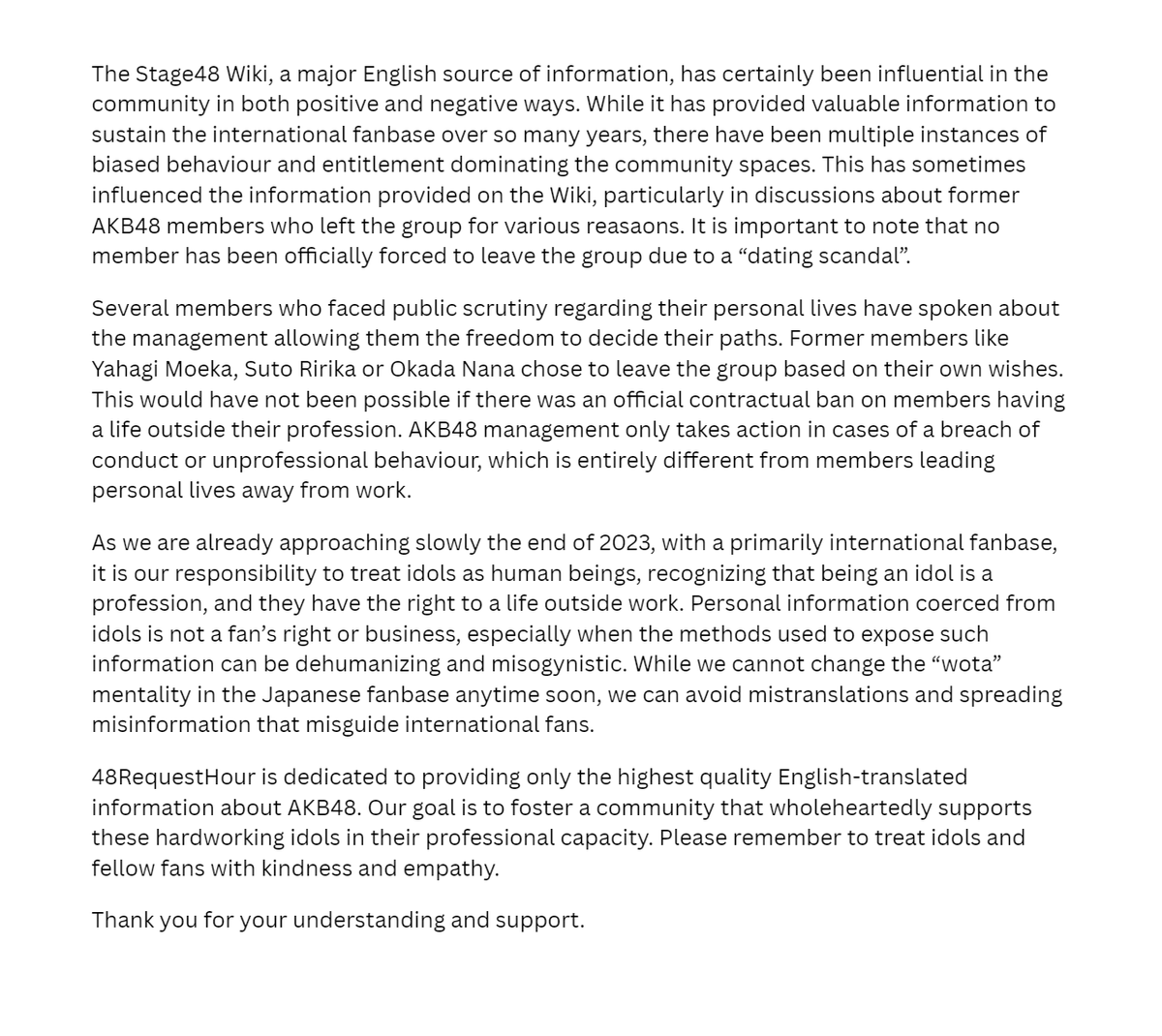 48RequestHour's tweet photo. Regarding the constant spread of certain misinformation in the foreign fan spaces of AKB48 and its associated acts in Japan. https://t.co/XewbLweROJ
