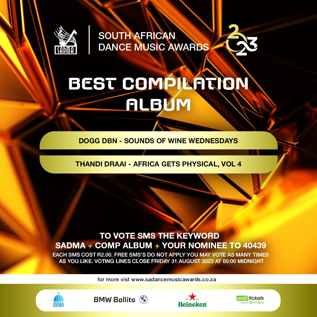 thesadmas's tweet photo. Here are your #SADMA23 nominees for Best Compilation Album

To vote sms the keyword SADMA + category + nominees name to 40439

You will be charged R2 per sms (Free SMSs do not apply. Vote as many times as you would like to. Terms and conditions apply https://t.co/p3MsGlkI8s