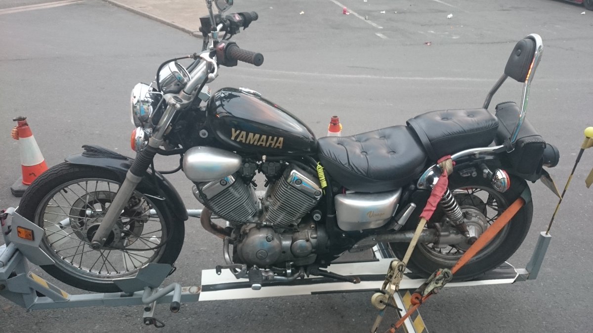 Trailer1one's tweet photo. Yamaha Virago with fueling problems was called late in the evening to recover this motorcycle from Chester Road near Chelmsley Wood birmingham to Solihull https://t.co/qxaWGXfbo1