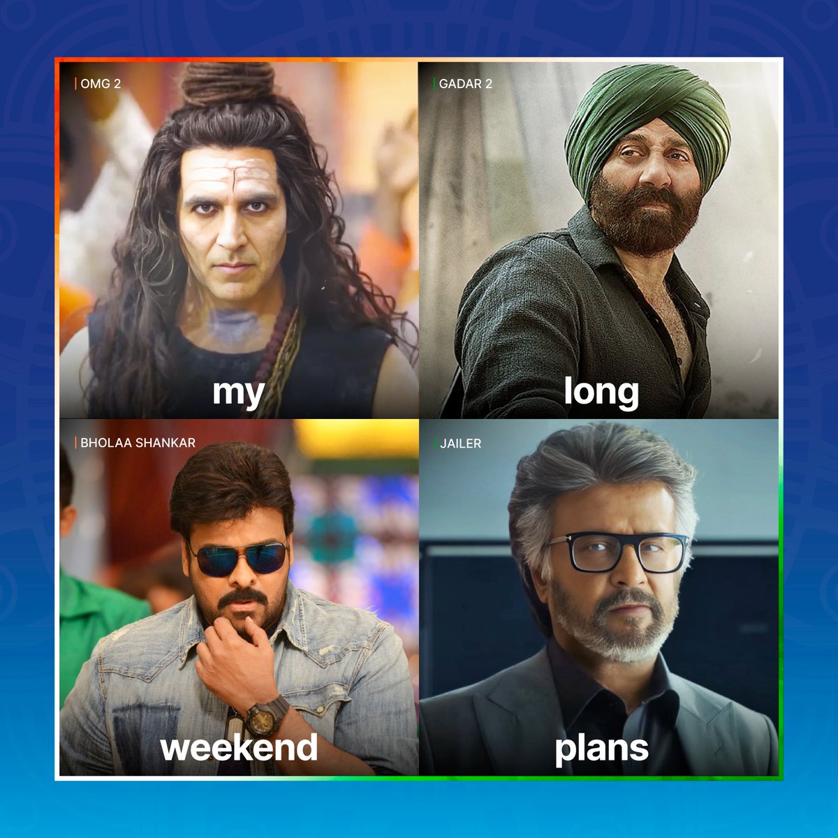 4 days, 4 blockbuster releases! 🔥
Sounds like a plan?

Book tickets for these #IndependenceDay releases now: m.paytm.me/homepg

#OMG2 #Gadar2 #BholaaShankar #Jailer