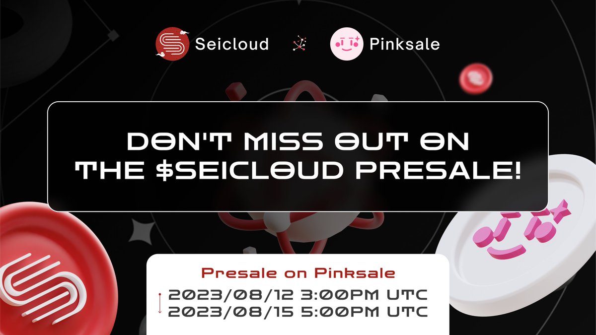 Ready, set, go! 

The $SeiCloud ⛩ presale is officially open. 

Don't miss your chance to be a part of the future of cloud
storage on Sei Network🚀

⏰
2023/08/12 3:00PM UTC - 2023/08/15 5:00PM UTC

⛓pinksale.finance/launchpad/0x2D…

#SeiCloud #PRESALE #BNB #ETH