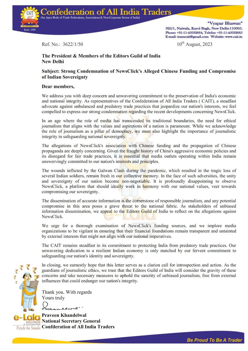 CAITIndia's tweet photo. In an important communication sent to @IndEditorsGuild, CAIT has urged the Editors Guild of India to take immediate action against Newsclick for it’s alleged Chinese funding and compromise of Indian sovereignty. https://t.co/v7KRCp0qxg
