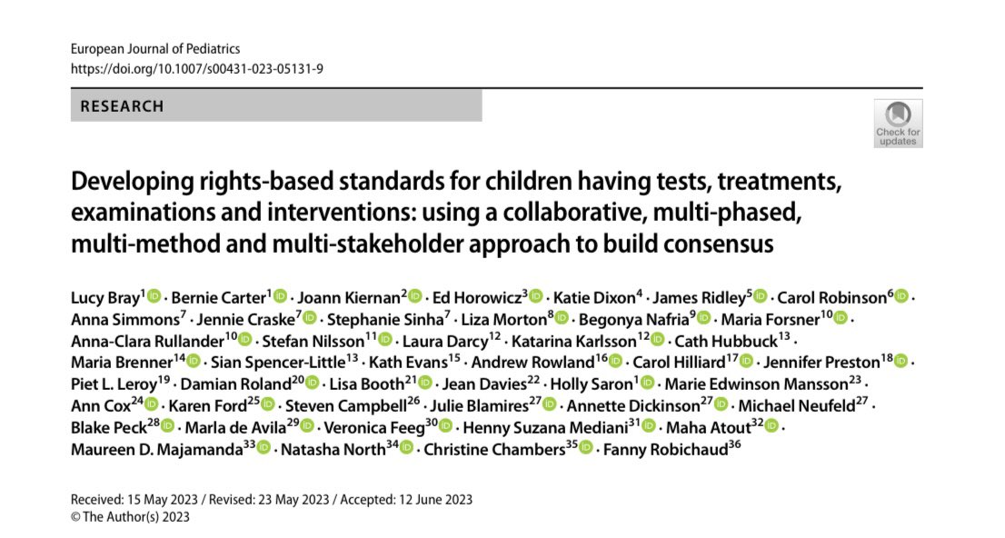 𝗣𝗮𝗽𝗲𝗿 𝗽𝘂𝗯𝗹𝗶𝘀𝗵𝗲𝗱
Developing rights‐based standards for children having tests, treatments, examinations and interventions: using a collaborative, multi‐phased, multi‐method and multi‐stakeholder approach to build consensus

link.springer.com/content/pdf/10…