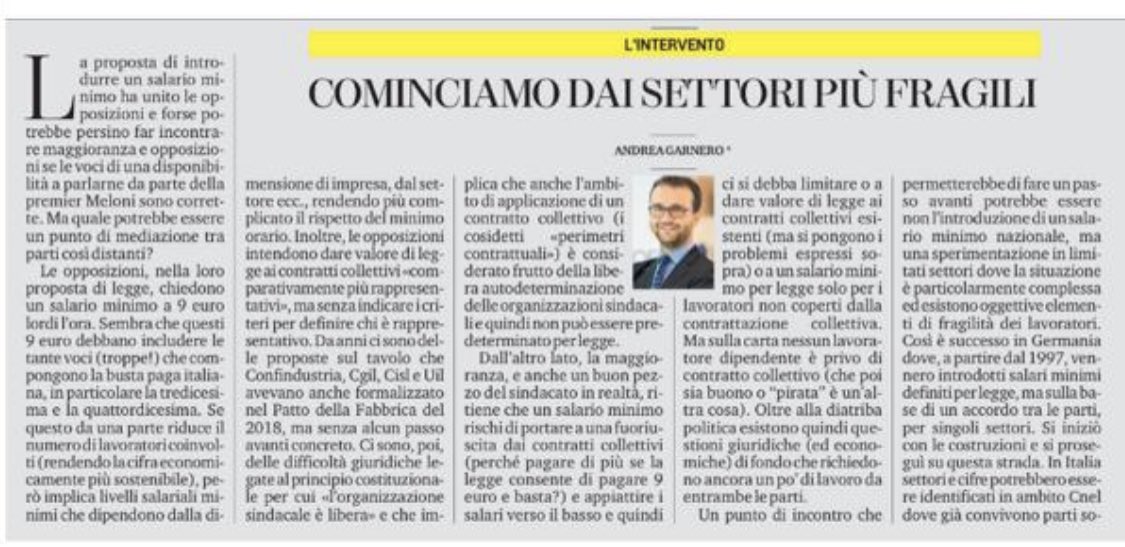 AGarnero's tweet photo. Quale potrebbe essere un punto di mediazione tra Governo e opposizioni sul #salariominimo? Una sperimentazione in limitati settori dove esistono oggettivi elementi di fragilità per studiarne l’impatto e capire se il rischio di spiazzamento della contrattazione è reale. https://t.co/h8EvYYTd1v