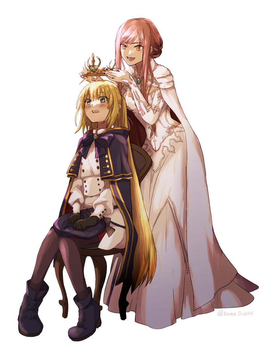 artoria caster (fate) ,artoria caster (second ascension) (fate) ,artoria pendragon (fate) ,medb (fate) multiple girls 2girls blonde hair pink hair gloves hat dress  illustration images