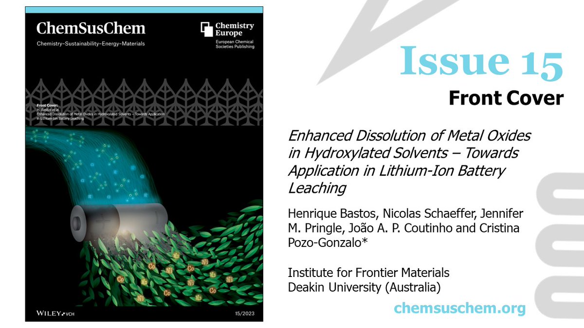 📢Issue 15 is now online!👉bit.ly/ChemSusChem15

🧐Don't miss the #FrontCover by Cristina Pozo-Gonzalo <a href="/cpozogonzalo/">CristinaPozo-Gonzalo</a> &amp; coworkers <a href="/DeakinIfm/">Deakin IFM</a> and <a href="/PATh_RG/">PATh</a>, #ChemSusReviews by Xian-Yi Jin et al. &amp; Zhenwen Peng et al., and many more!