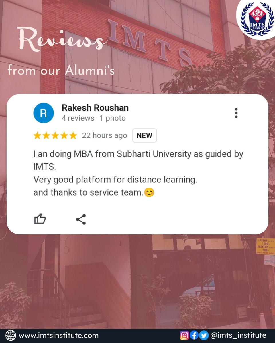 IMTSINSTITUTE's tweet photo. Review from our one of Alumni on Google, Website link in bio-
Follow us for more- @IMTSINSTITUTE
#TestimonialFriday #Testimonial #Review #StudentsReview #AlumniReviews #Feedback #Servicefeedback #OnlineLearningPlatform #IMTSInstitute https://t.co/CJSExIllK8
