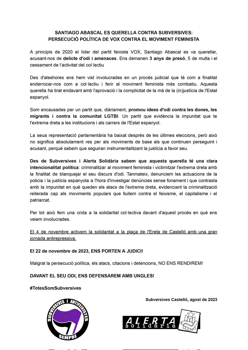 SubversivesCS's tweet photo. ⚠️ COMUNICAT ⚠️
SANTIAGO ABASCAL ES QUERELLA CONTRA SUBVERSIVES:
PERSECUCIÓ POLÍTICA DE VOX AL MOVIMENT FEMINISTA

👉🏽 Fem una crida a la solidaritat en aquest procés que va començar fa 3 anys i ens portarà als jutjats el 22 de novembre.

✊🏼 No defallirem! 

#TotesSomSubversives https://t.co/cICDevOchj