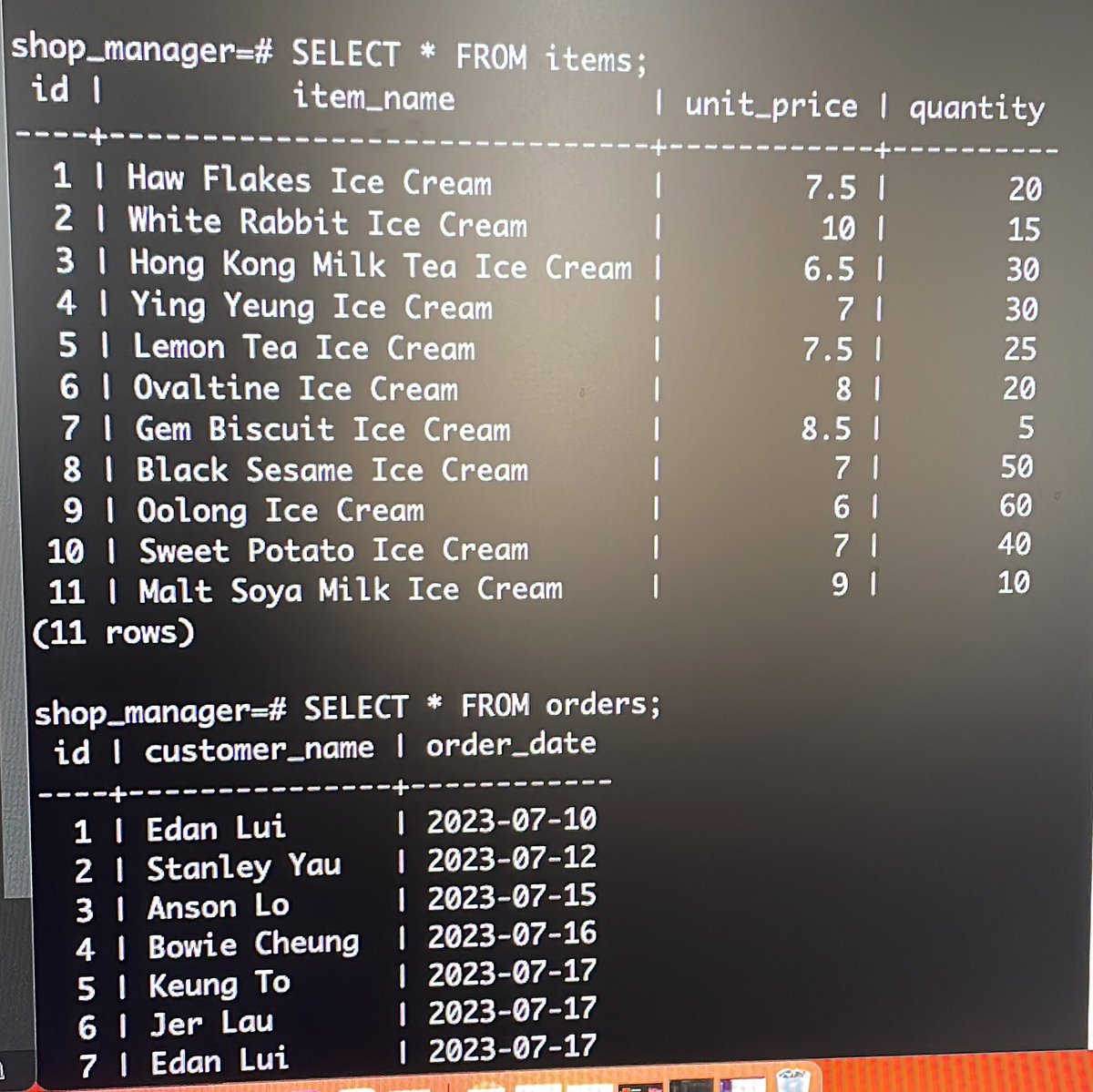 denise_codes's tweet photo. Made my very own Hong Kong ice cream van using psql 🍦with the members of famous HK boy band #mirror ordering 🫢🫢 

Can’t wait for the day this becomes real 🤣🤣

#psql #databases https://t.co/9U18eXs06f