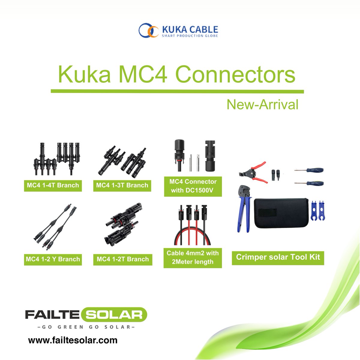🔌 New Arrival Alert! 🔌
Elevate solar setup with the latest addition to our collection: Kuka Cables and MC4 Connectors. 🌞⚡️ 
visit us: failtesolar.com
call us: +353 61 475 839