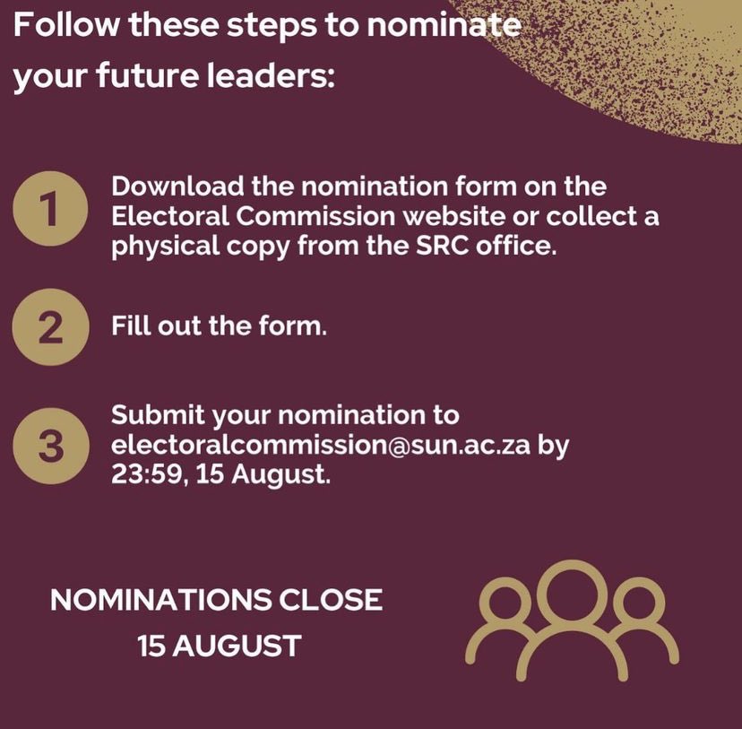 StelliesSRC's tweet photo. 2023/24 SRC NOMINATIONS 🗳✨ 

Submit your SRC nominations to electoralcommission@sun.ac.za by 15 August 2023 https://t.co/opbNrwRa0Z