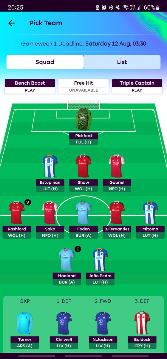 Fpl_Honcho's tweet photo. The current team 🌶  #FPL

Decisions left:
- Foden, too risky?
- Do I need Salah?
- Do I save money in the bank for gw2/3 transfers?

What're your thoughts #FPLCommunity? https://t.co/UjOuxbHSnS
