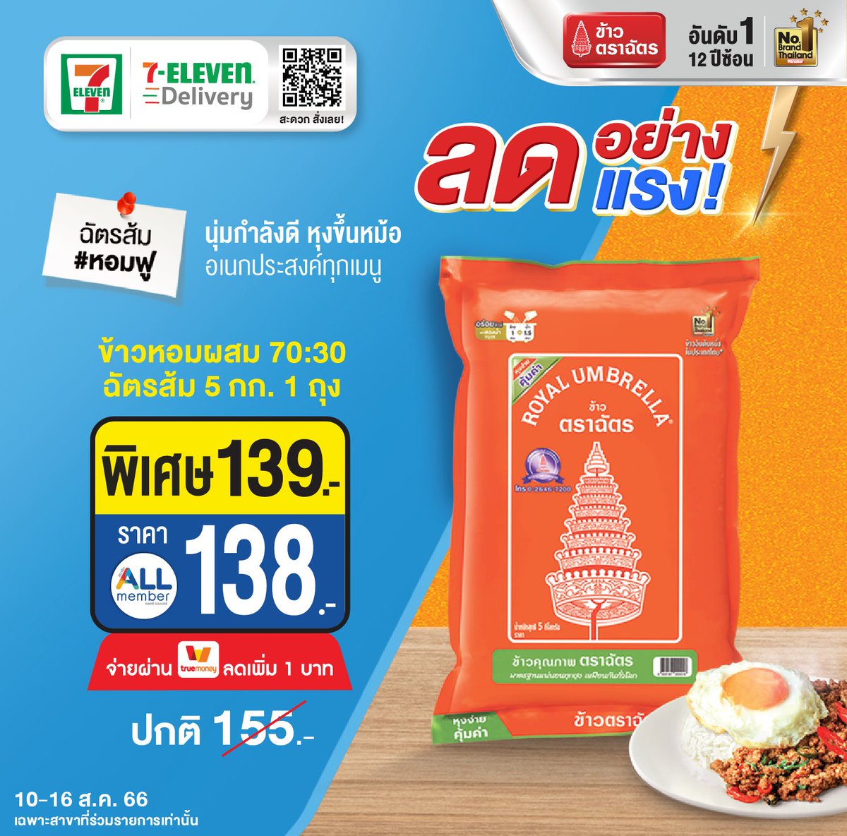 RoyalUmbrella's tweet photo. 🍚ข้าวหอม ฉัตรส้ม #หอมฟู นุ่มกำลังดี หุงขึ้นหม้อ เอนกประสงค์ทุกเมนู

📌จัดโปรโมชั่น ขนาด 5 กก. พิเศษถุงละ 139 บาท (จากปกติ 155.-)

🛒ช้อปเลยที่ 7-Eleven Delivery 🚚 https://t.co/QdH32xjxWB

หมายเหตุ : เฉพาะสาขาที่ร่วมรายการเท่านั้น

#ข้าวตราฉัตร #ข้าวตราฉัตรFamily https://t.co/g4CQVhuvdT