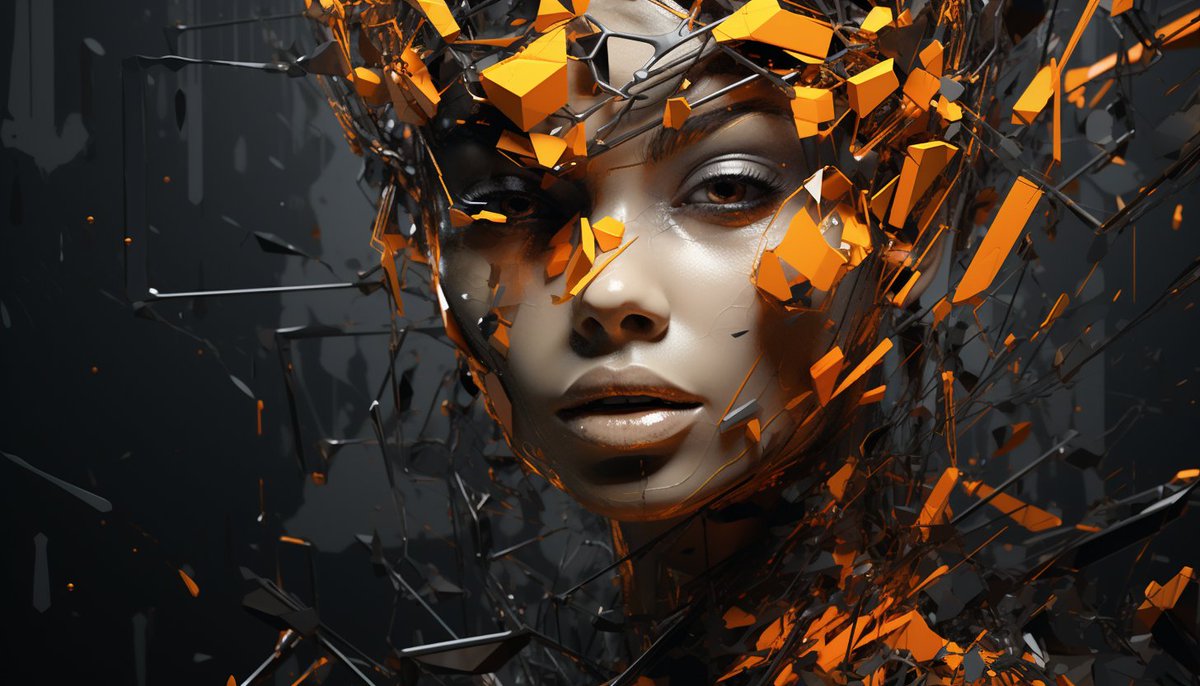 Krkavec_AI's tweet photo. Midjourney 5.2 - Prompt 35. den - Geometric Shapes         

💬[character] figure covered in [shapes color], [general color] abstract artwork, in the style of cryengine, [color 1 &amp; 2], technological design, sharp focus, geometric shapes&amp; patterns, hyper - realistic portraits https://t.co/t3Ye2vR3bJ