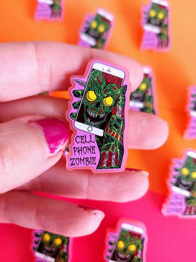 Just 2 Cell Phone zombie pins left!

My illustration printed onto recycled pink acrylic

£3.50 each with affordable shipping prices all over the world 🌍

Link to shop below 👇