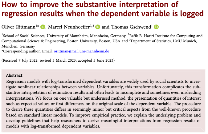 PSRMJournal's tweet photo. 🤷‍♀️Do you have a log-transformed dependent variable and you do not know how to interpret or visualise it?

📊Oliver Rittmann @mneunho &amp; Thomas Gschwend @UBMannheim explain it and offer multiple solutions https://t.co/5Q53ttmDSi #FirstView #OpenAccess https://t.co/gf51UkG4fM