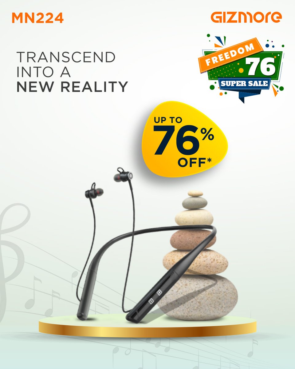 gizmoreindia's tweet photo. Relish the liberty with Freedom 76 Super Sale.
Get up to 76% off* on neckbands.
You’re sure to love it.
#ProudlyIndian
#Freedom76
T&C APPLIED.
#Gizmore #gizmoremn224 #gizmorewirelessneckband
#neckband #musiclovers #wirelessheadphones #audio #saleison #saleislivenow https://t.co/hkxbLgL5K2