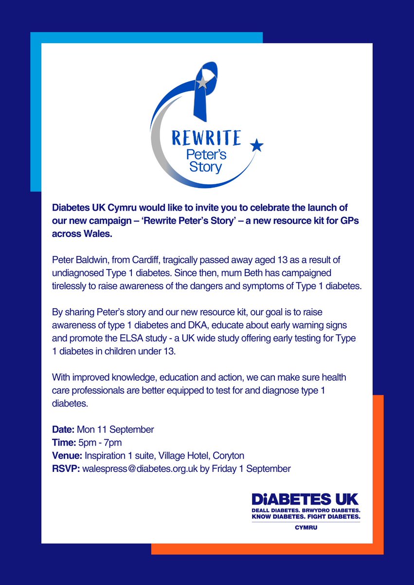 A month today we’ll be launching #RewritePetersStory a campaign to raise awareness of prompt diagnosis of Type 1 diabetes. Learn &amp; share the 4Ts. If you’re a HCP or work with children please join us at our event, details below ⬇️ #KnowType1 #ForDude 💙 <a href="/DiabetesUKCymru/">Diabetes UK Cymru</a>