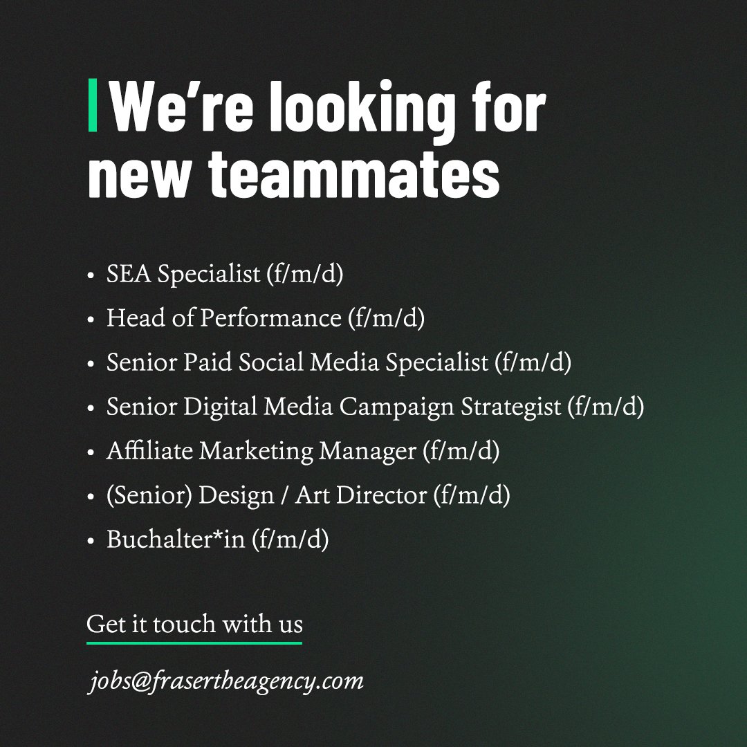 FraserTheAgency's tweet photo. A chance to work with a brilliant team, with great clients. Whether it's L'Osteria, UBS, Commerzbank, or Sports Illustrated - we put our creativity and expertise into rewarding projects. - Get in touch with us, share your CV: jobs@frasertheagency.com
#jobalert #advertising https://t.co/l197eyXlrT