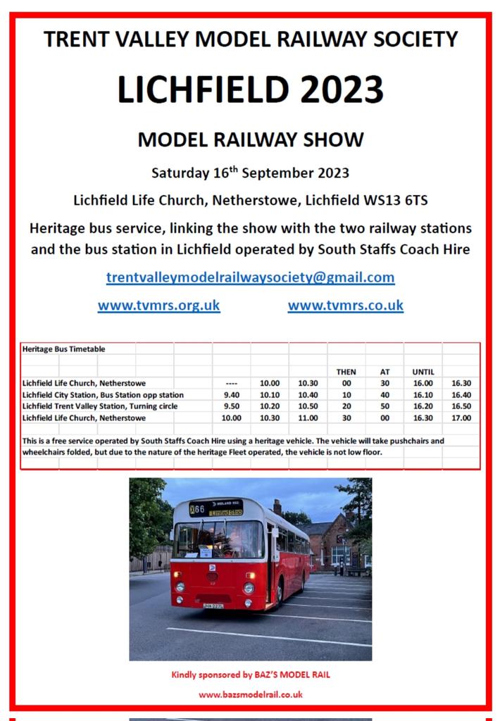 RobertHambridge's tweet photo. Bus time table is up folks why not let the train take the strain and enjoy a ride on our heritage bus (kindly supplied by South Staffs Coach hire) between the venue, Lichfield Trent Valley and Lichfield City train stations join us on 16th Sept #trmguk #modelrailways #hornby https://t.co/uzO9z4rmEj