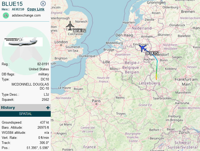 SirListenalot's tweet photo. #KC10 #AE0210 as #BLUE15 out of Spangdahlem (to Bangor) with four "TX" / "FM" #F16's bound for Shaw will be joined by #KC46 #AE5BBE as #BLUE16 out of Mildenhall (to Pease) https://t.co/BoxaXJUxz0
