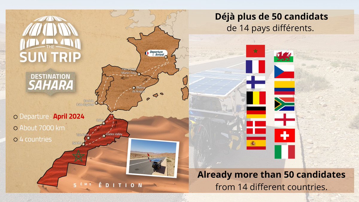 La première phase d'inscription au The Sun Trip 2024 est lancée ! 15 participants sont pour le moment sélectionnés pour la catégorie "course" et 30 pour la catégorie "baroudeur". Plus d'infos sur : thesuntrip.com/2024-destinati…