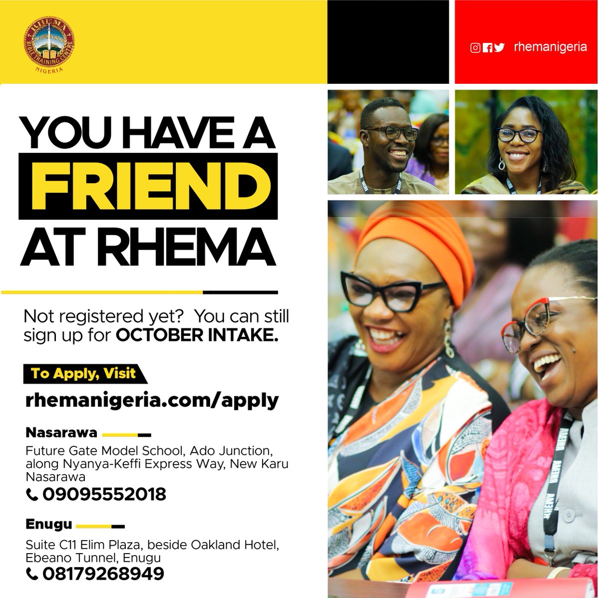rhemanigeria's tweet photo. YOU HAVE A FREIND AT RHEMA!
Join the RHEMA Family today in just 3 minutes.

Apply now at https://t.co/PPj3xsSV7o and embark on a life-changing adventure.

#RhemaBibleTrainingCentre #OctoberIntake #FaithAndLearning" https://t.co/A9OuO1hvvf