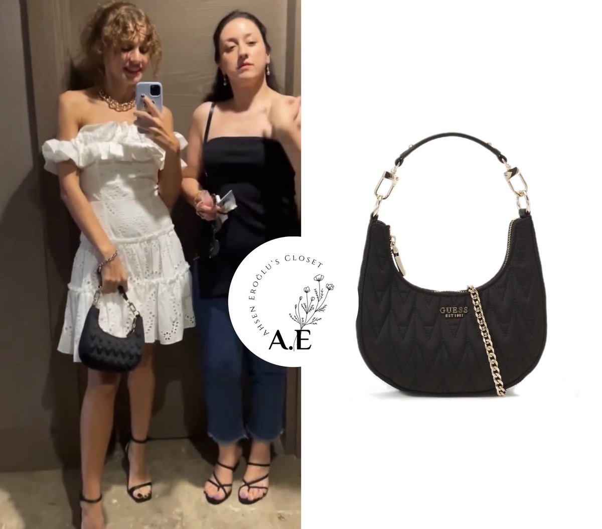 AhsenCloset's tweet photo. She opted to accessorize her look from Guess choosing the brand’s Golden Rock Mini Handbag (€115), Encainted Stainless Steel Necklace in Gold (₺3,220 via Saatvesaat) &amp; Falling in Love Bracelet (€70). https://t.co/f8QWu4L0CX