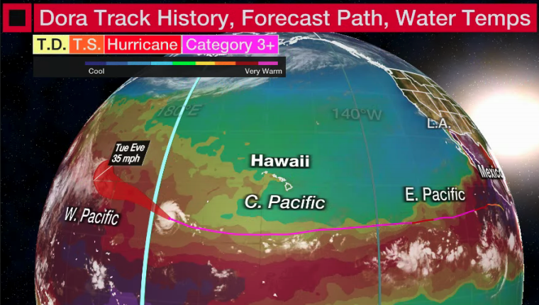 Late this evening, #Dora will cross the International Date Line, and will then be known as a #typhoon. 

Only 2nd known system to have completed the EPAC hurricane -&gt; CPAC hurricane -&gt; WPAC typhoon trifecta in reliable modern records. (John 1994)