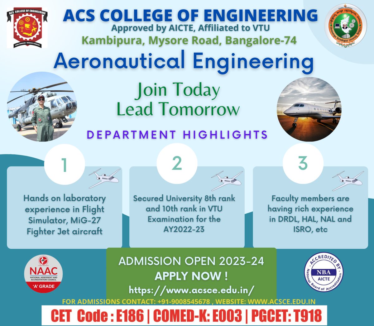 acscebangalore's tweet image. #Admissions_open2023_24
B.E and M.Tech Admissions 2023 ACS College of Engineering #ACSCE, a Premier Engineering College in Bangalore
* Specialized in Aerospace, #Aeronautical, and BioMedical Engineering Courses
Register now: acsce.edu.in/engineering-co…